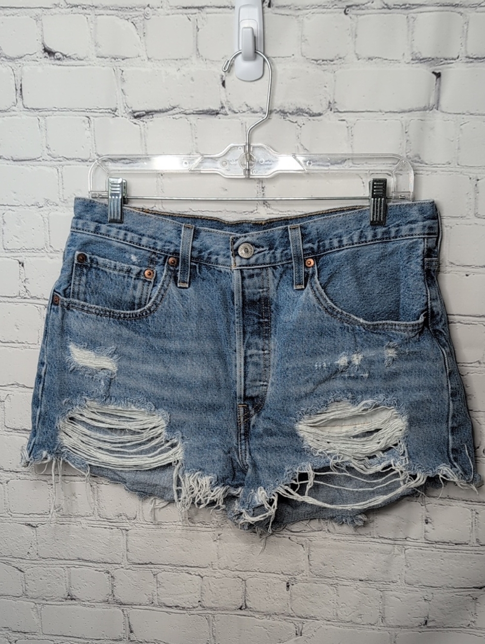 Levis 501 Original Fit High Rise Distressed Button Fly Raw Hem Shorts